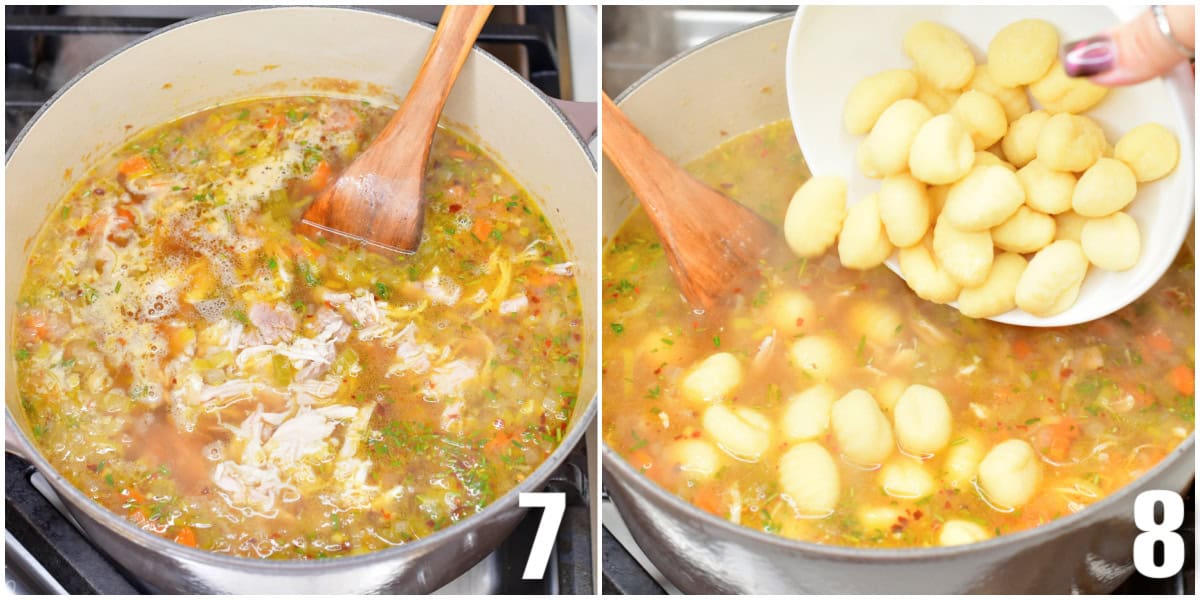 collage of two images of adding shredded chicken to the soup and adding gnocchi.