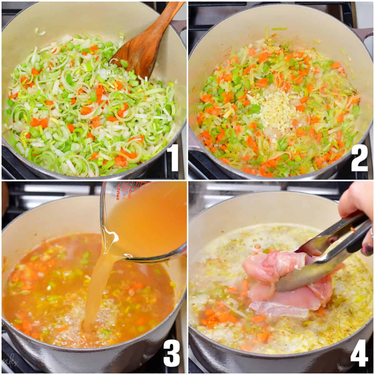 collage of four images of cookie veggies in a pot and adding broth and chicken.