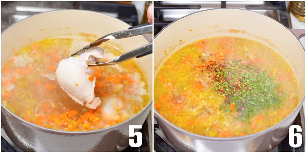 collage of two images of taking out cooked chicken and adding seasoning.