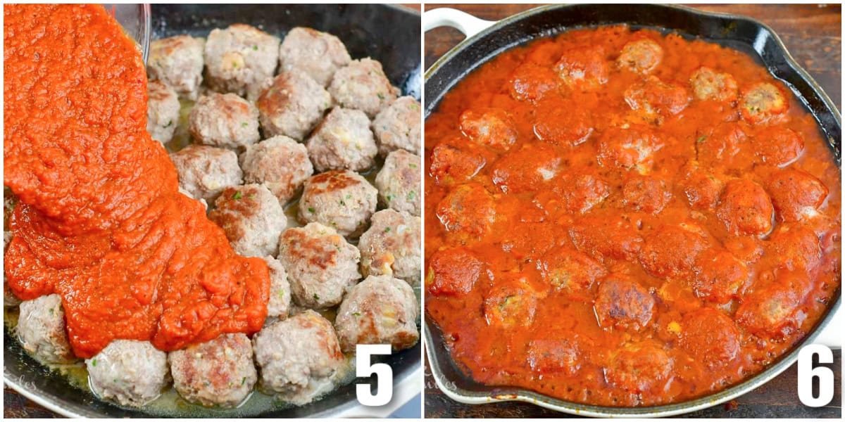 collage of two images of adding marinara sauce and cooking meatballs in sauce.