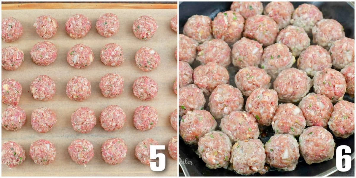 collage of two images of rolled Italian meatballs and cooking them in a pan.