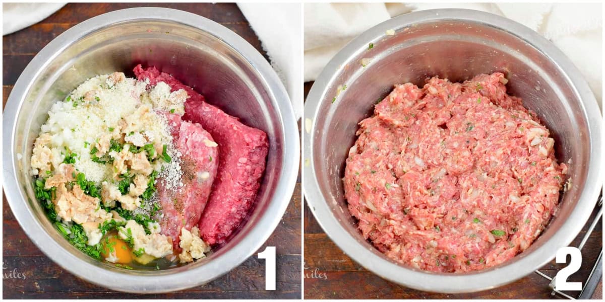 collage of two images of mixing ingredients in a bowl for beef meatballs.