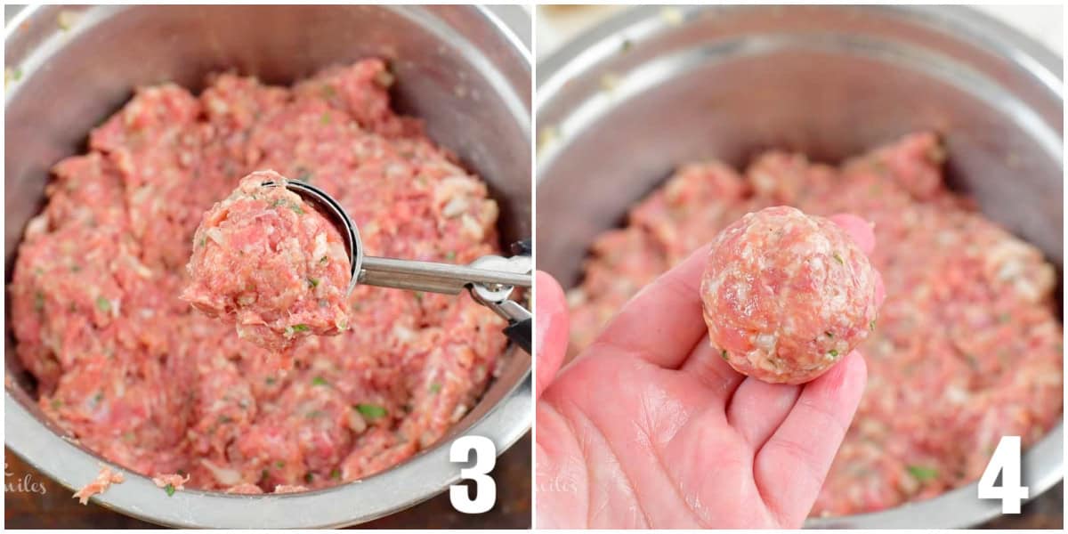 collage of two images of scooping and rolling the meatballs.