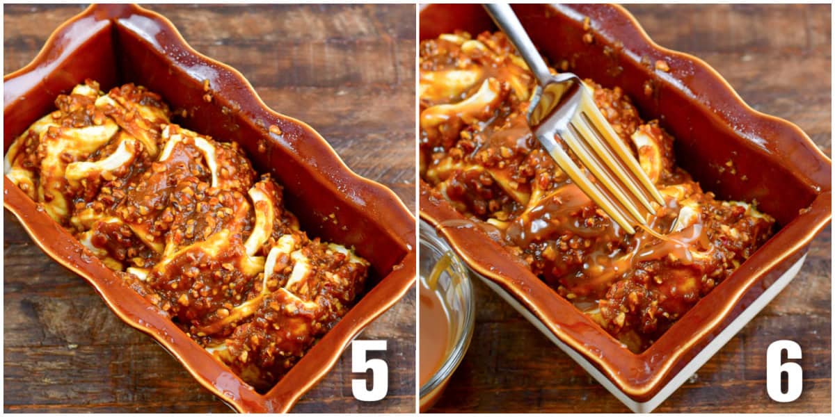 collage of two images of adding pull apart bread dough into the baking dish and adding caramel on top.