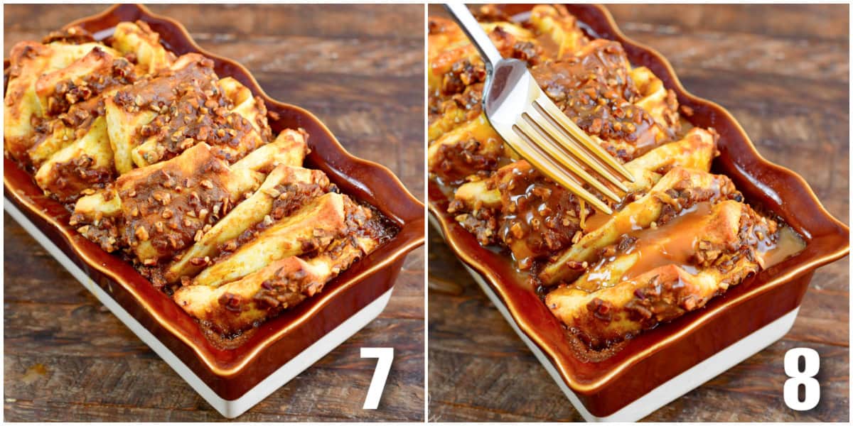 collage of two images of baked pull apart pumpkin bread and adding more caramel.