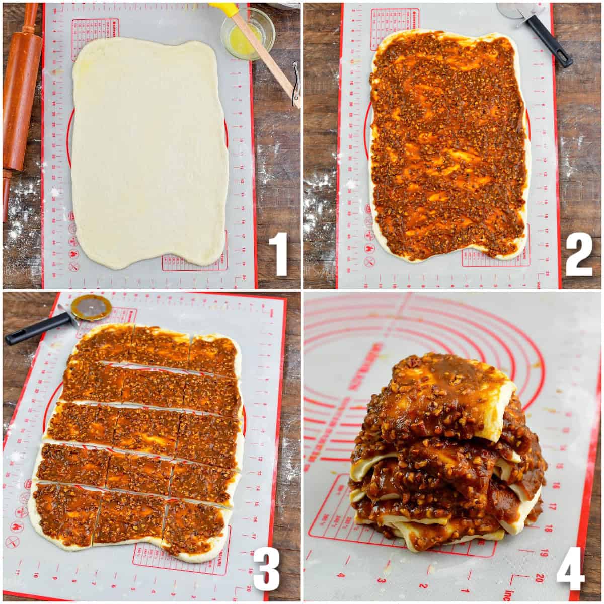 collage of four images of rolling dough, adding pumpkin toppings, cutting it, and stacked.