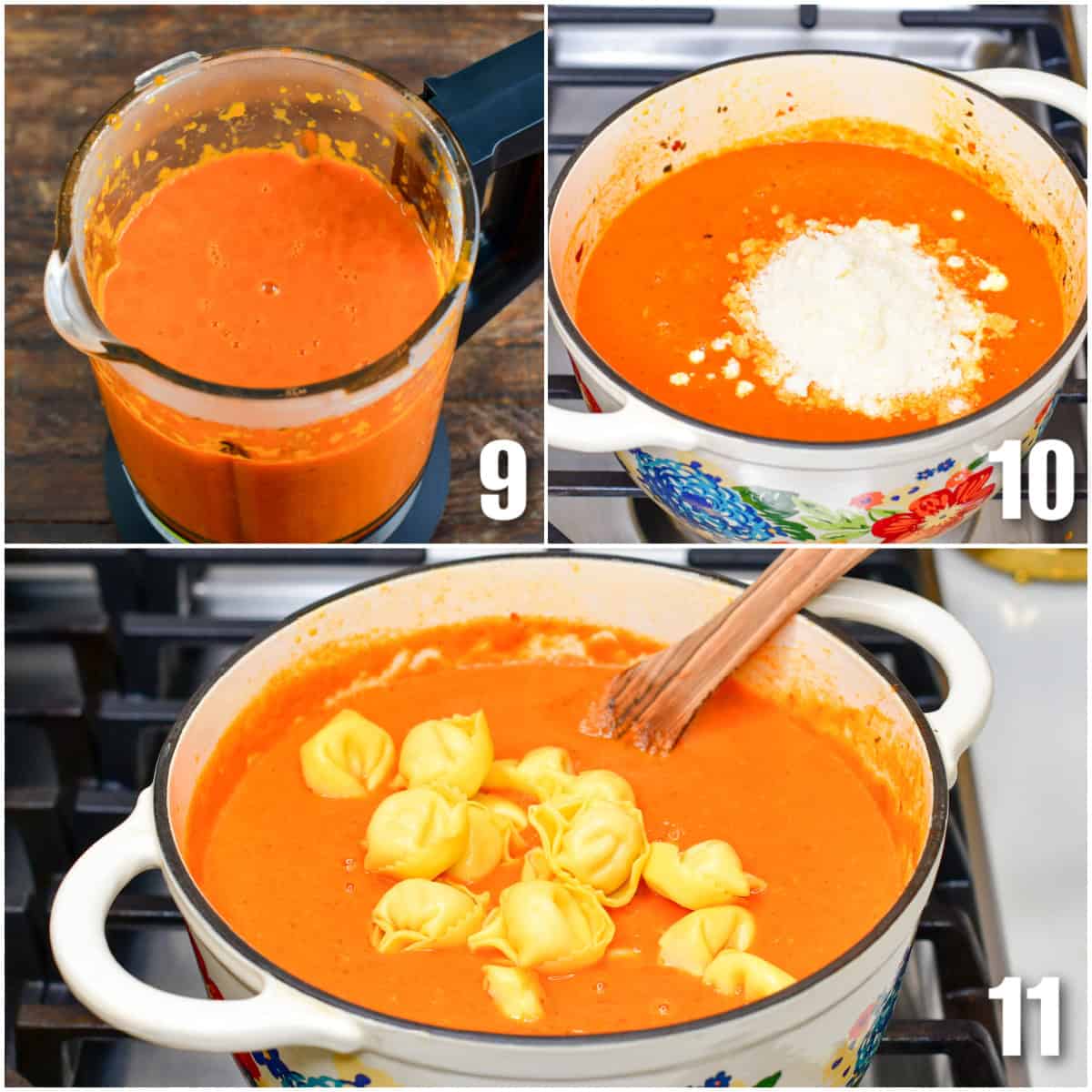 collage of three images of of blending roasted red pepper soup and adding parmesan, cream, and tortellini.