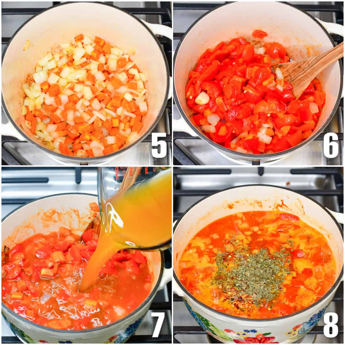 collage of four images of cooking veggies in a pot, adding broth, and adding seasoning.