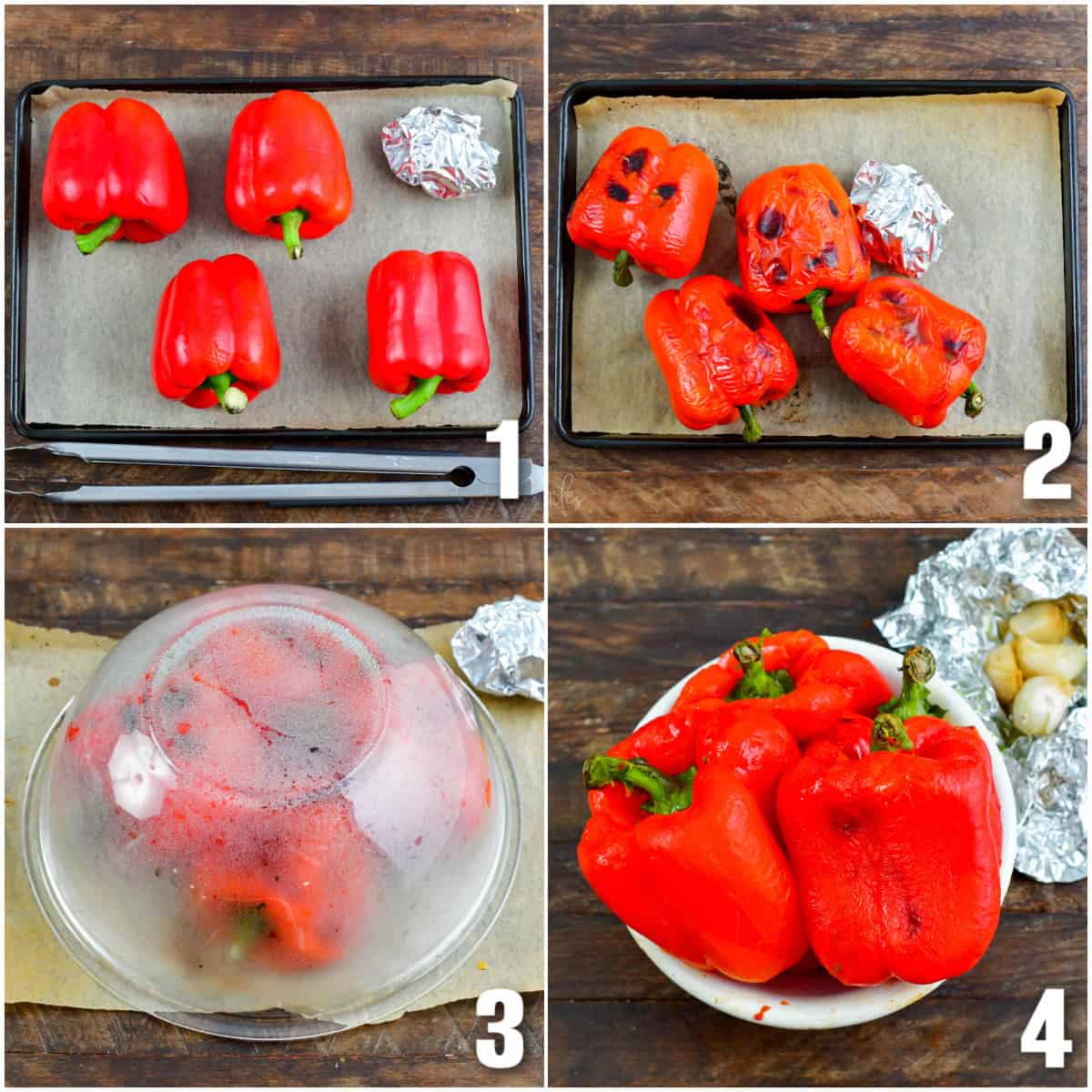 collage of four images of roasting red bell pepper process.