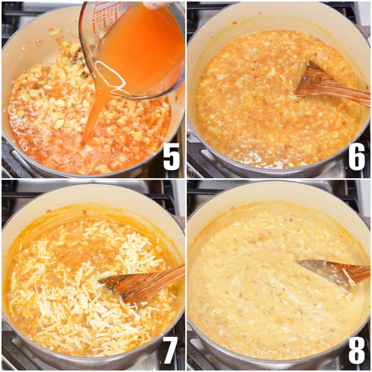 collage of four images of adding stock, cheese, and cream to the cauliflower soup.