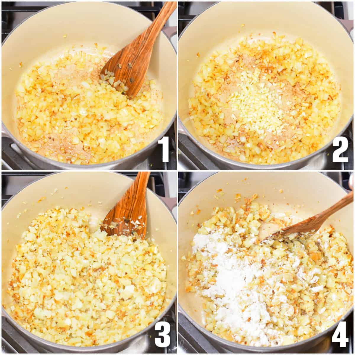 collage of four images of cooking veggies and adding flour to the cauliflower soup.