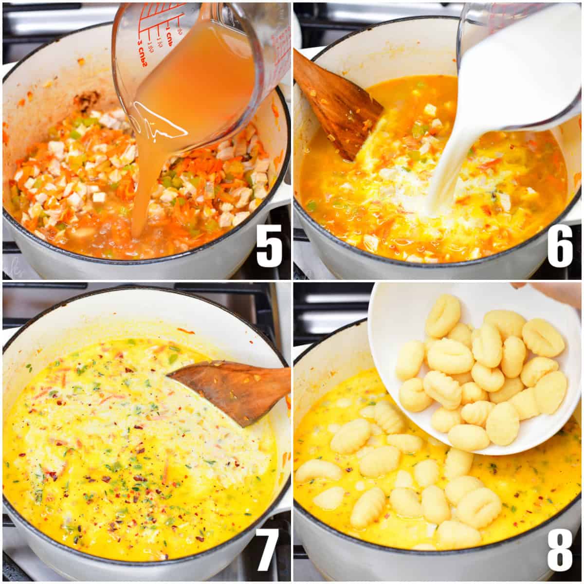 collage of four images of adding broth and milk and then seasoning and gnocchi to the pot.