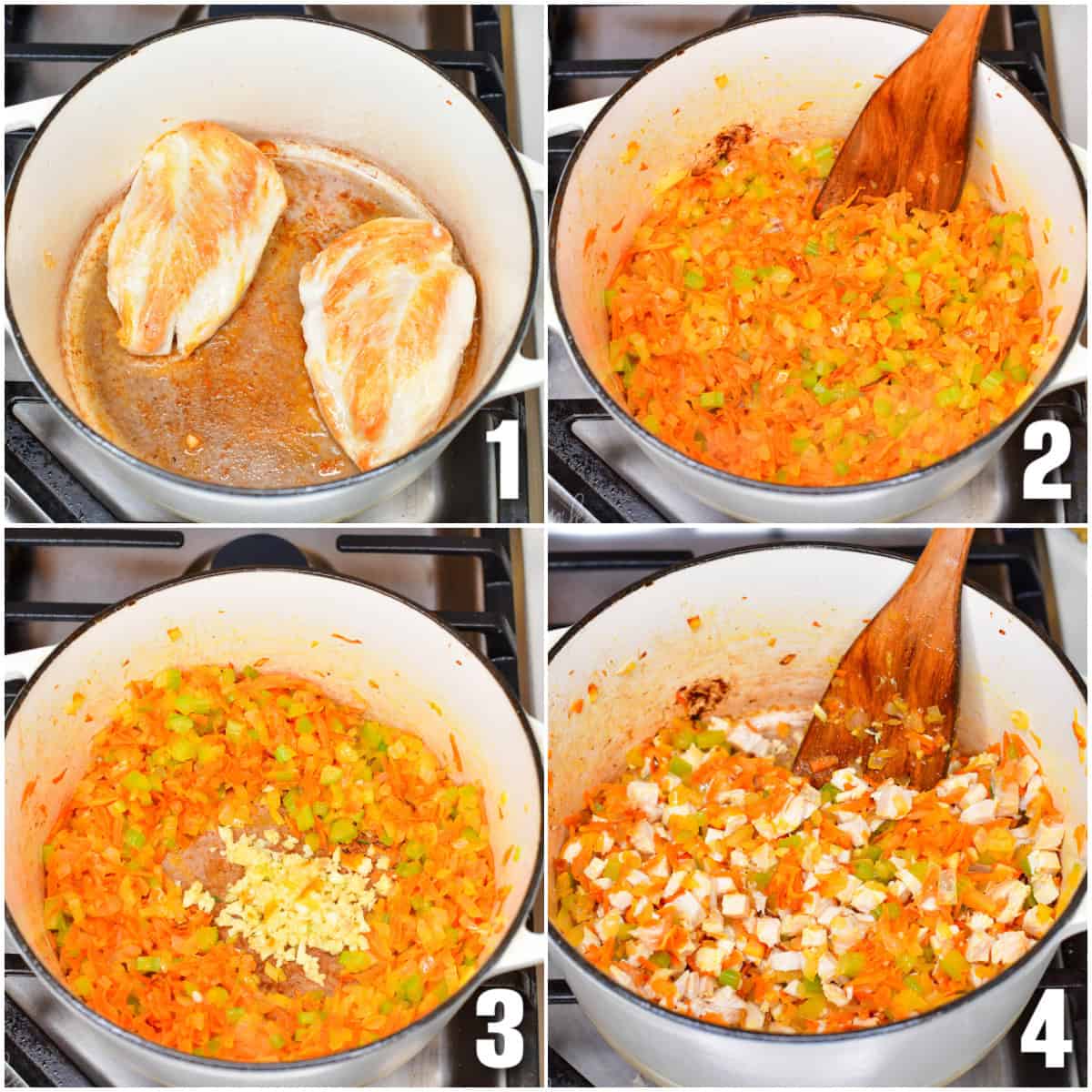 collage of four images of cooking chicken and vegetables and adding chicken to vegetables.