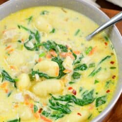 a bowl full on Creamy Chicken Gnocchi Soup with a spoon on a wooden plate.