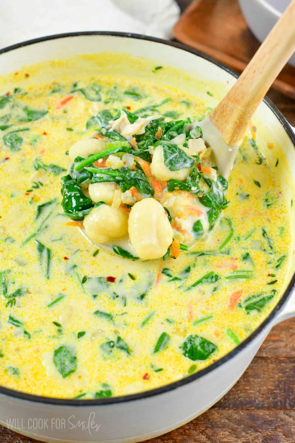 taking a ladle full of Creamy Chicken Gnocchi Soup out of the pot.