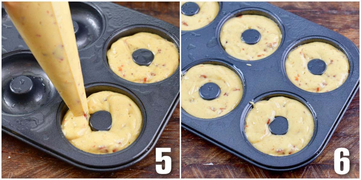 Collage of two images of adding batter from the pipping bag to the donut pan.