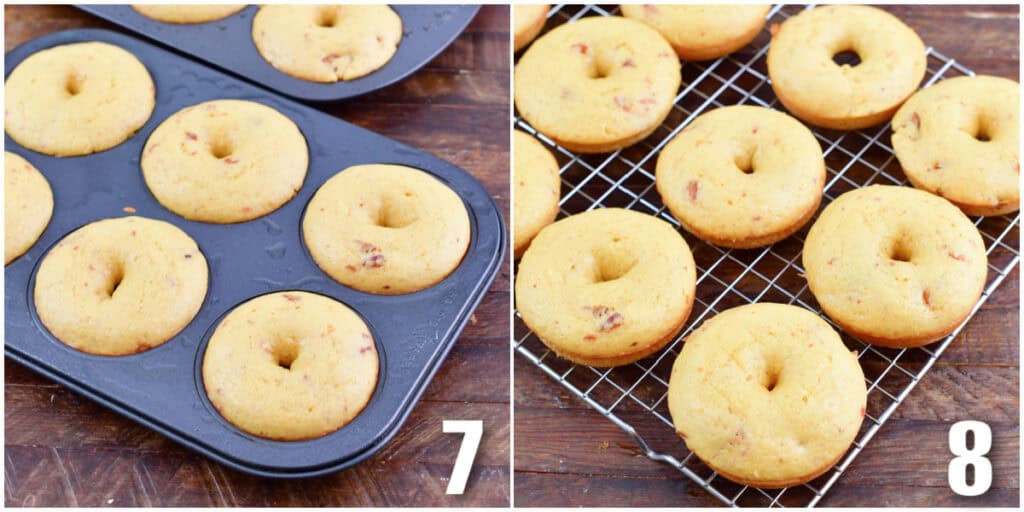 Collage of two images of baked donuts in the donut pan and donuts on a cooling rack.