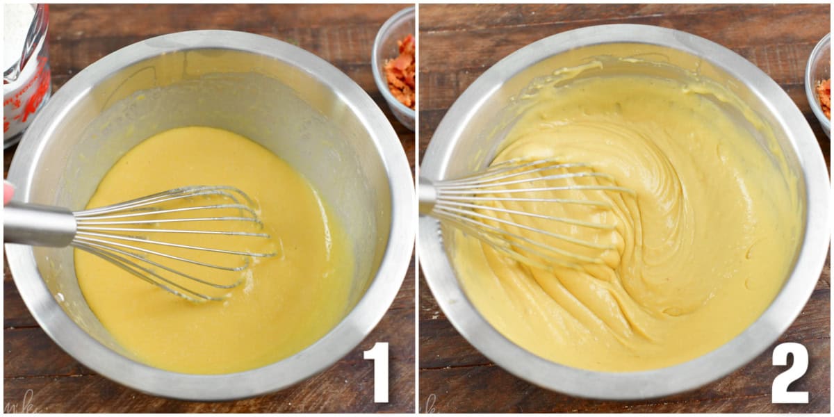 Collage of two images of mixing maple donut batter in a bowl with a whisk.