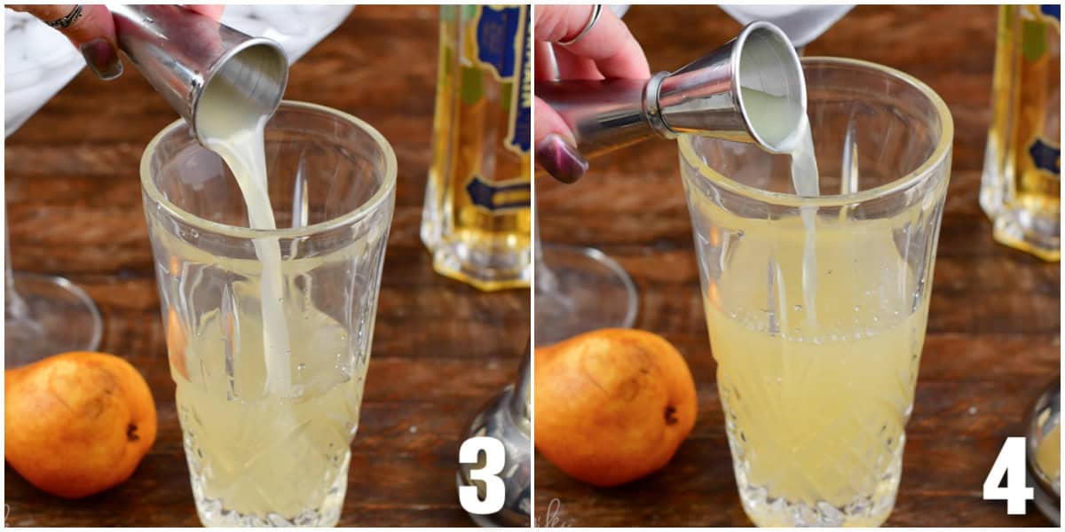 collage of two images of pouring in pear juice and lemon juice into cocktail shaker.