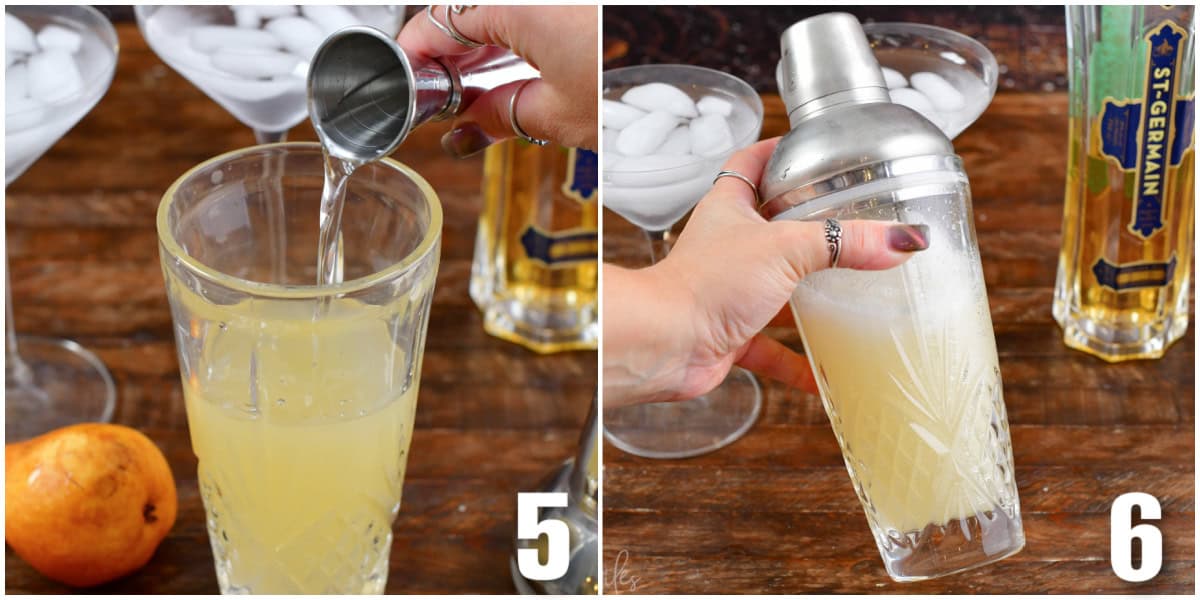 collage of two images of pouring in simple syrup into cocktail shaker and shaking it.