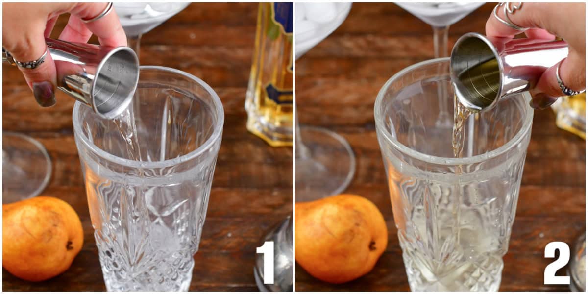 collage of two images of pouring in vodka and elderflower liqueur into cocktail shaker.