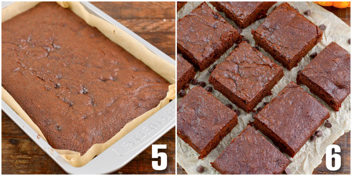 collage of two images of pumpkin brownies cooked in a pan and then cut onto a piece of parchment paper.