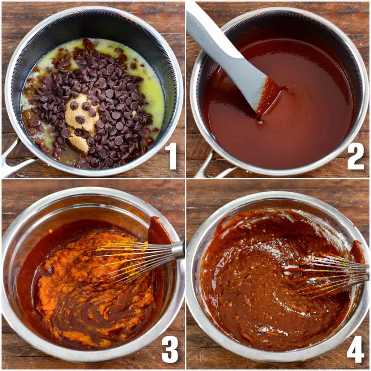 Collage of four images of melting chocolate in a pan and mixing it with pumpkin in a bowl.