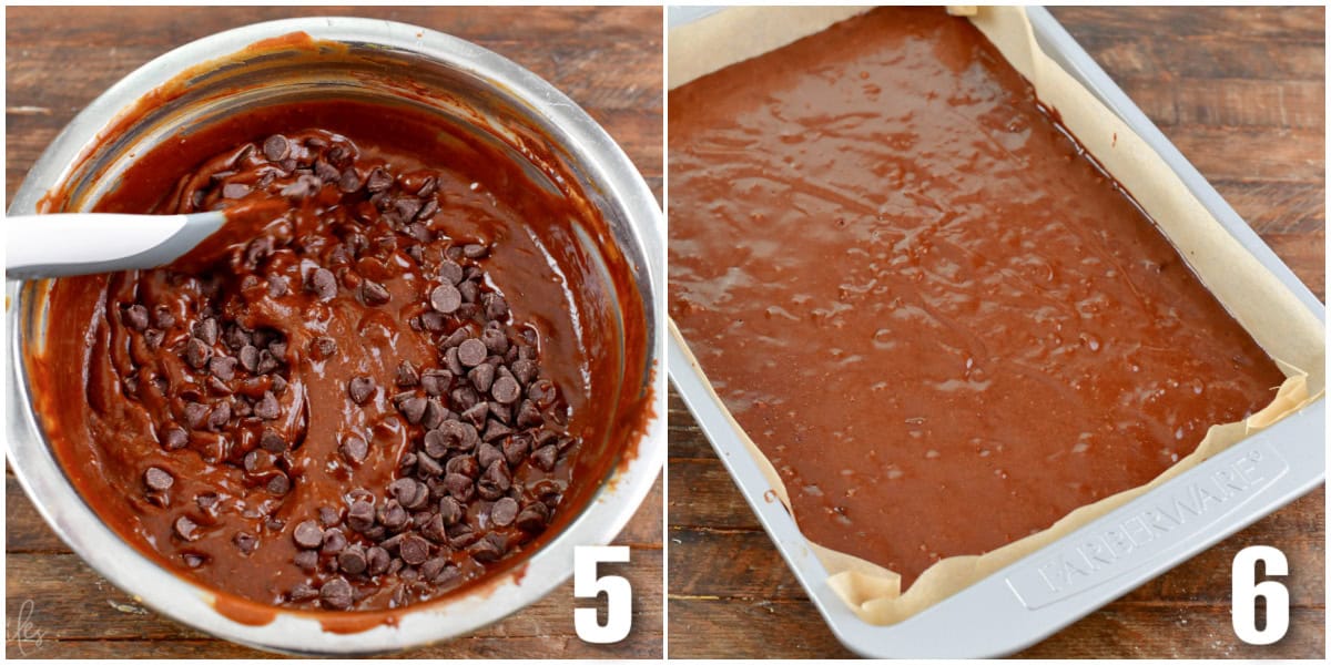 Collage of two images of mixing chocolate chips into the brownie batter and then pouring the batter into a baking dish.