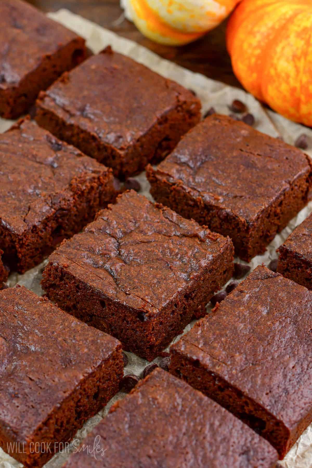 Pumpkin brownies cut into squares on parchment paper.