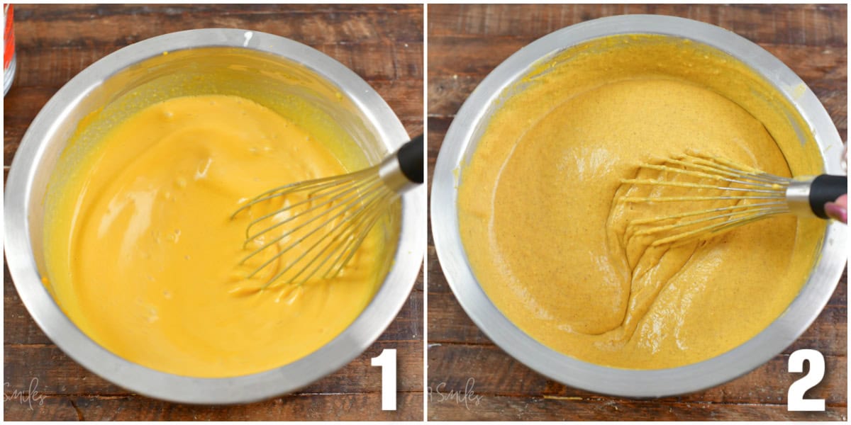 Collage of two images of mixing pumpkin waffle batter with a metal whisk.