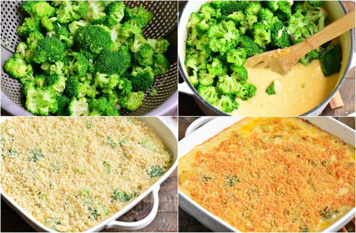 collage of four images of steamed broccoli, mixing it with cheese sauce and before and after baking.