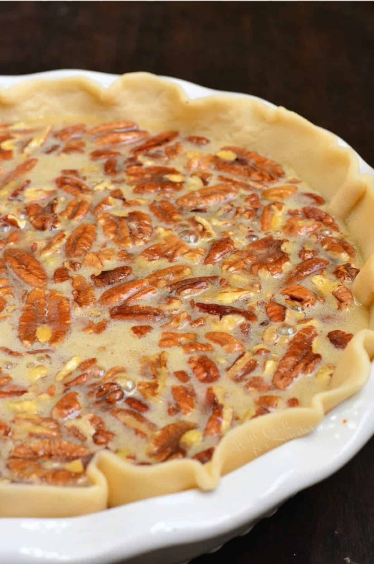 pecan pie in a pie crust shell in the pie baking dish.