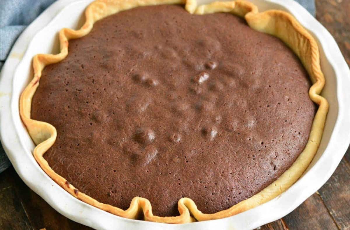 baked brownie pie in a while pie baking dish.