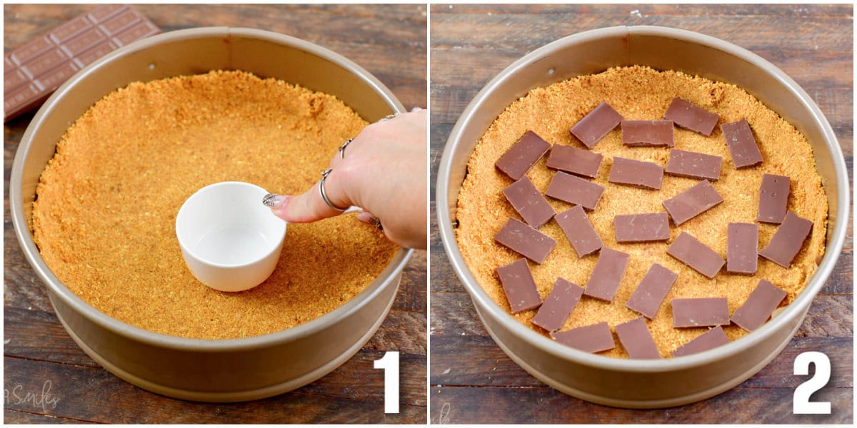 collage of two images of patting in crust with a cup and spreading chocolate.