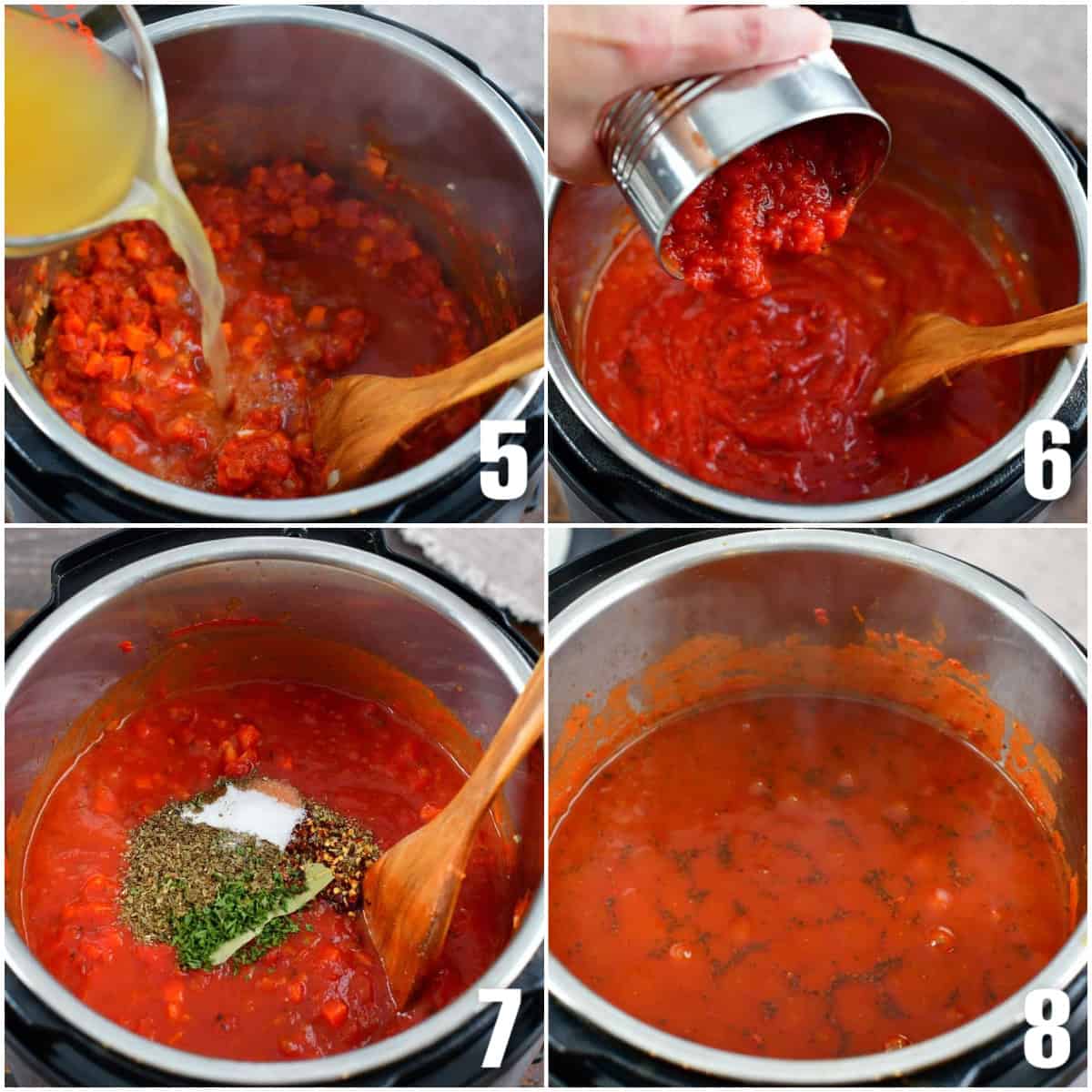 adding the stock, tomatoes, and seasoning to the instant pot to make pasta sauce.