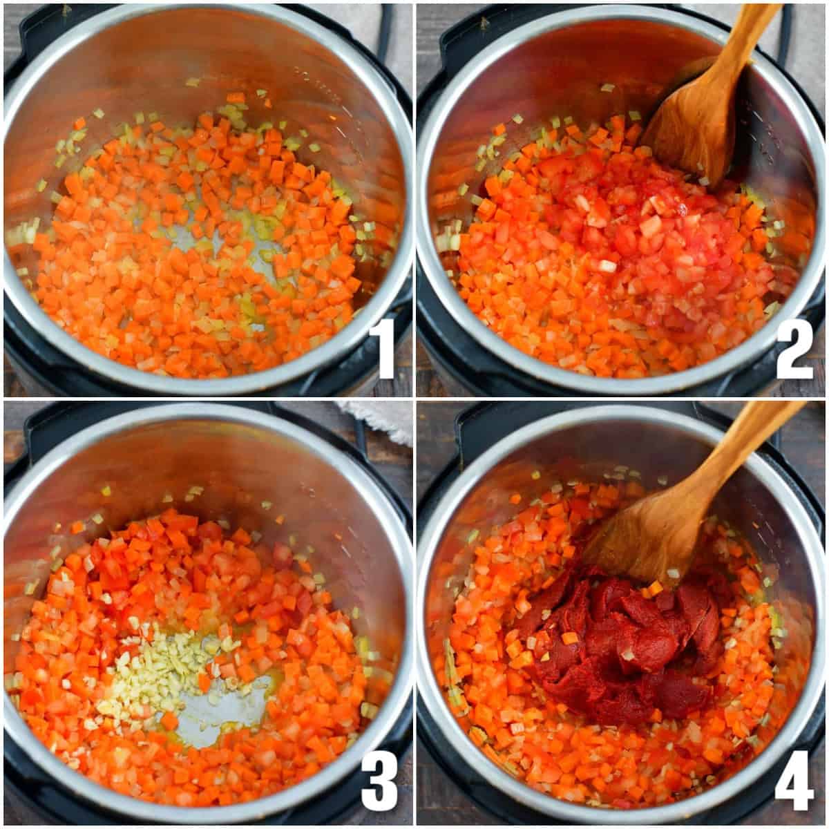 collage of four images of cooking veggies in the instant pot and then adding tomato paste.