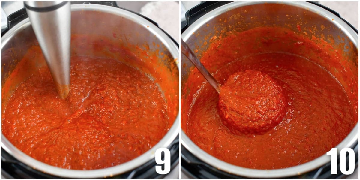 collage of two images of blending spaghetti sauce with immersion blender and scooping.