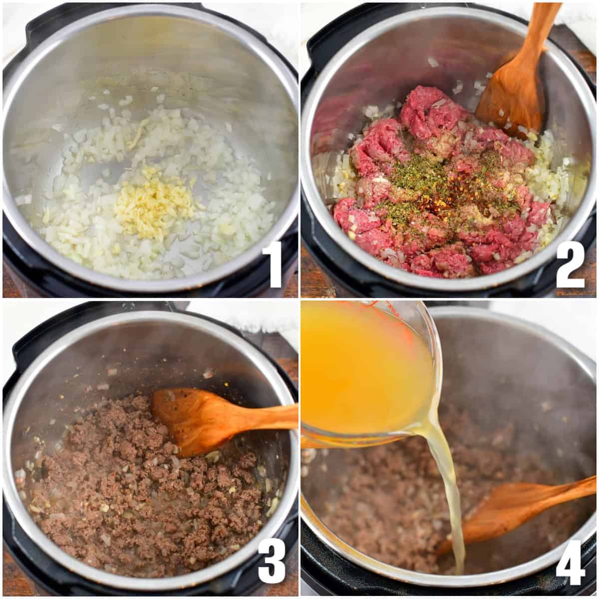 collage of onion and garlic cooking in instant pot then adding meat and seasoning and then stock.