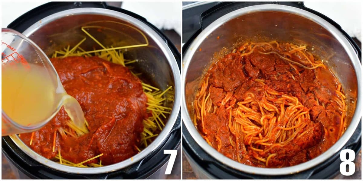 collage of two images of adding stock to the instant pot with pasta and sauce and the cooked spaghetti in sauce.