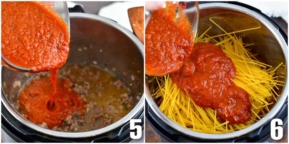 collage of two images of adding spaghetti sauce to instant pot and adding spaghetti and more sauce.