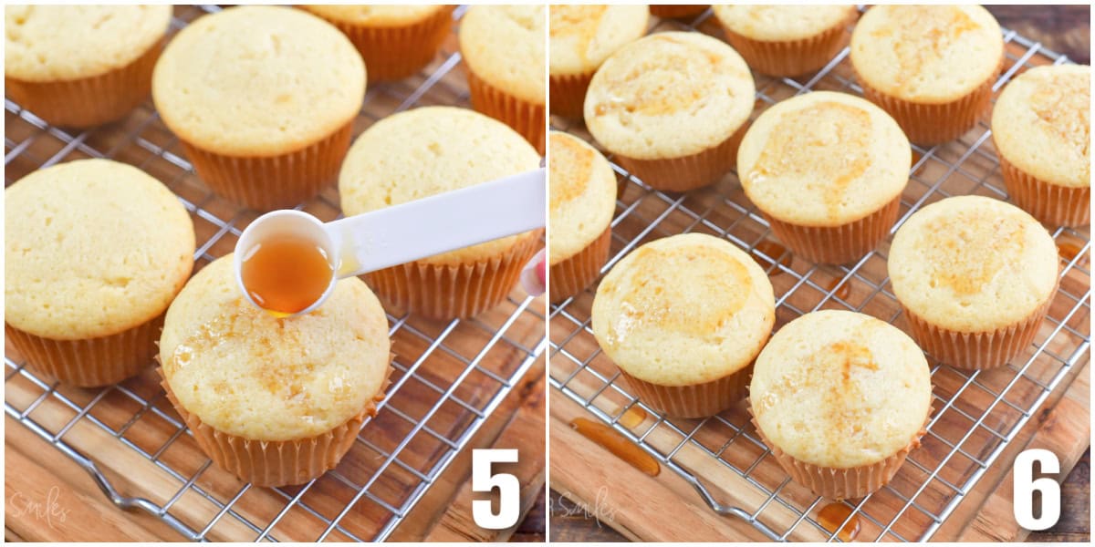 collage of two images of adding the maple syrup on top of baked cupcakes.