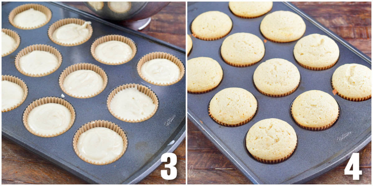 collage of two images of cupcakes in the muffin baking pan before and after baking.