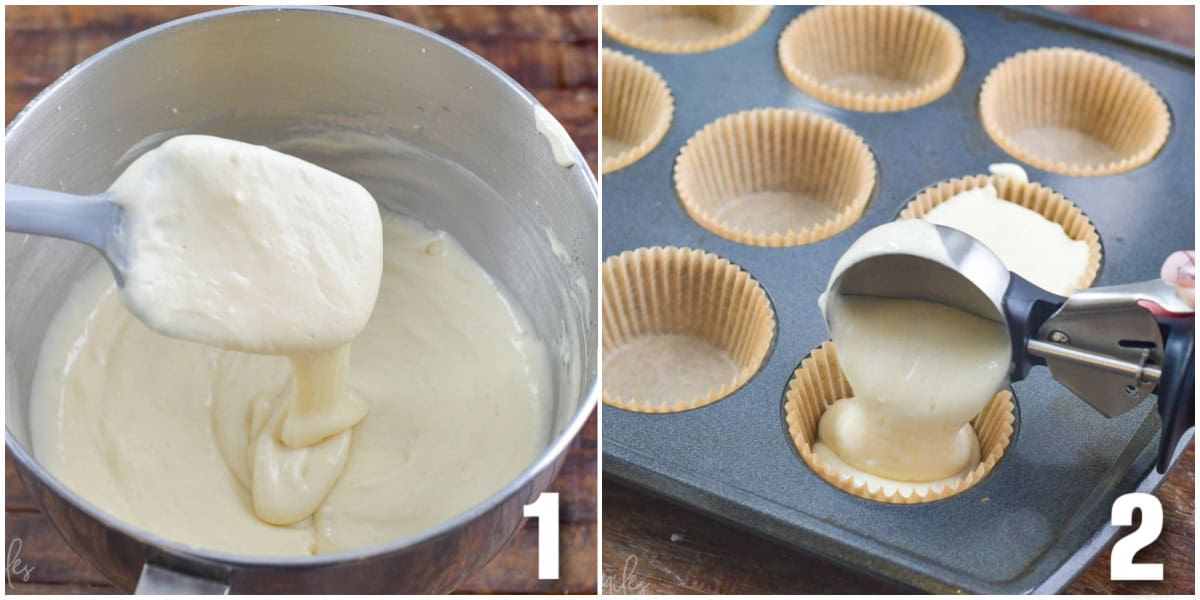 collage of two images of cupcake batter in a bowl and adding it to the baking pan.