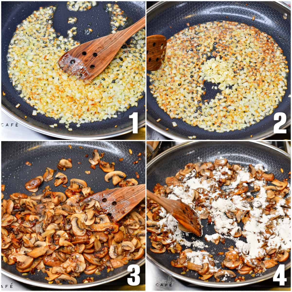 collage of four images of sautéing onions then garlic then mushrooms and adding flour.