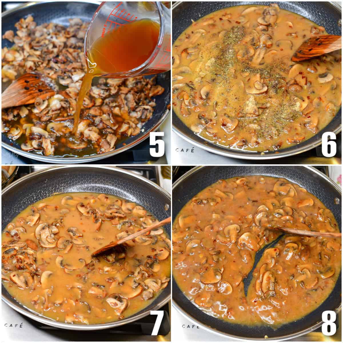 collage of four images of adding broth, and seasoning, and thickening the gravy.