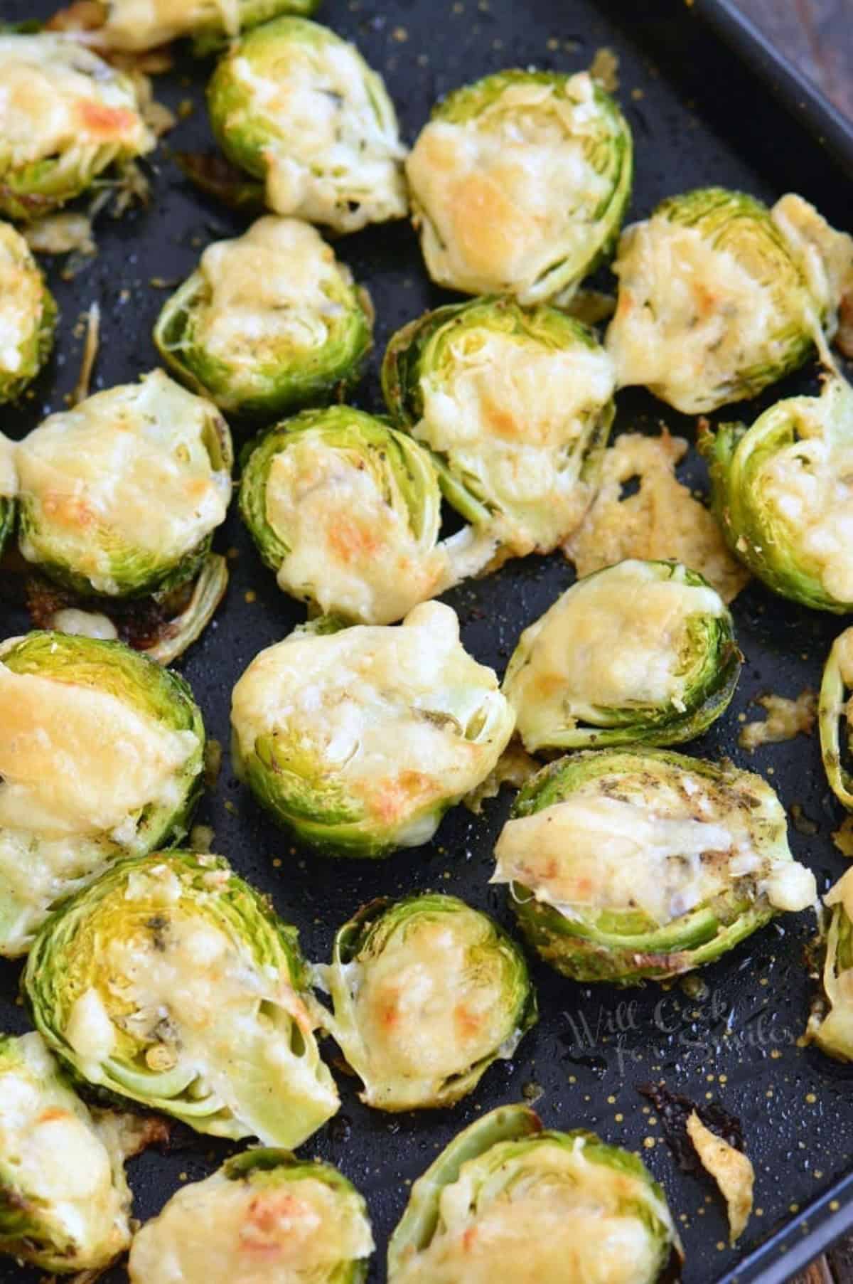 Parmersan roasted brussels sprouts on a baking sheet.