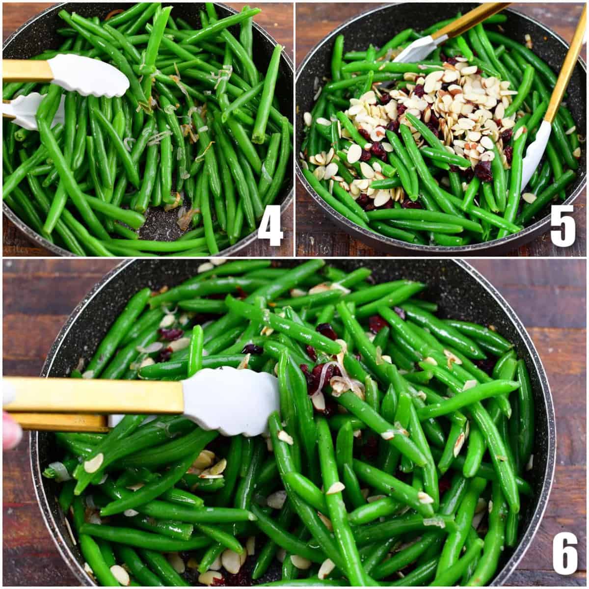 collage of three images of sautéing green beans with shallots then adding nuts and cranberries.