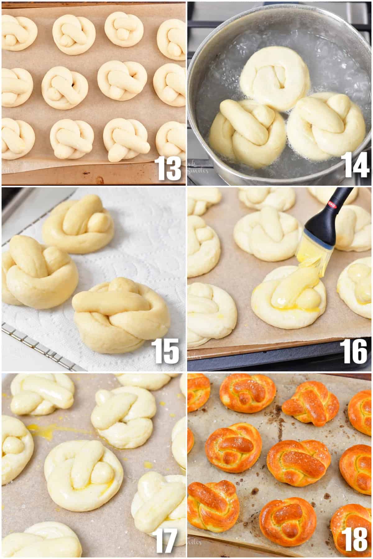 collage of six images to boil, butter, and bake the soft pretzels.