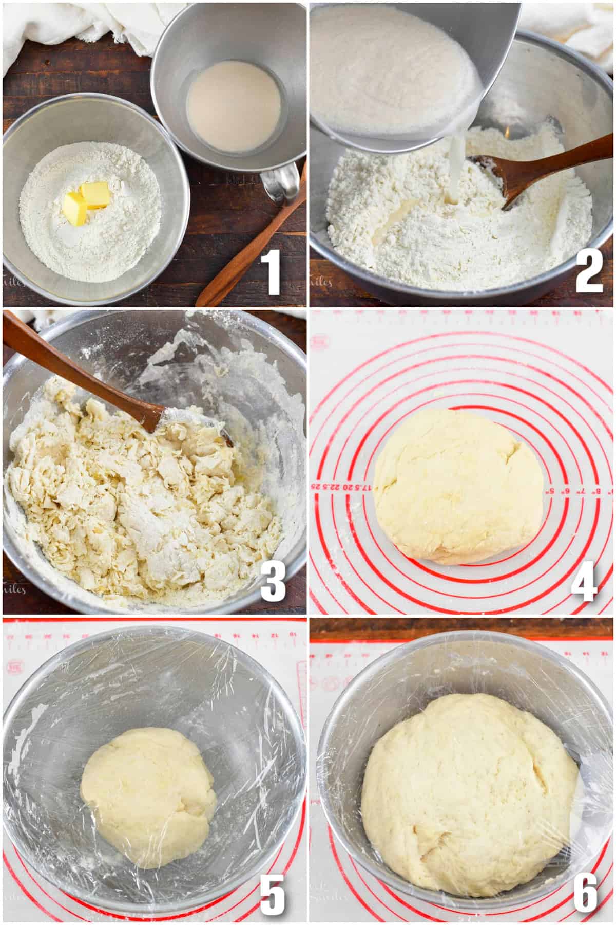 collage of six images to make the yeast dough for pretzels and let it rise.