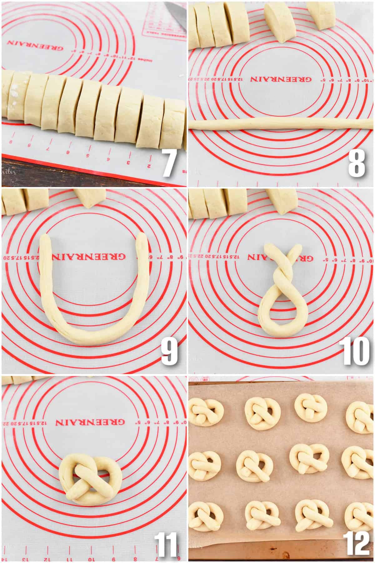 collage of six images that show steps to twist the pretzel dough into pretzel shape.